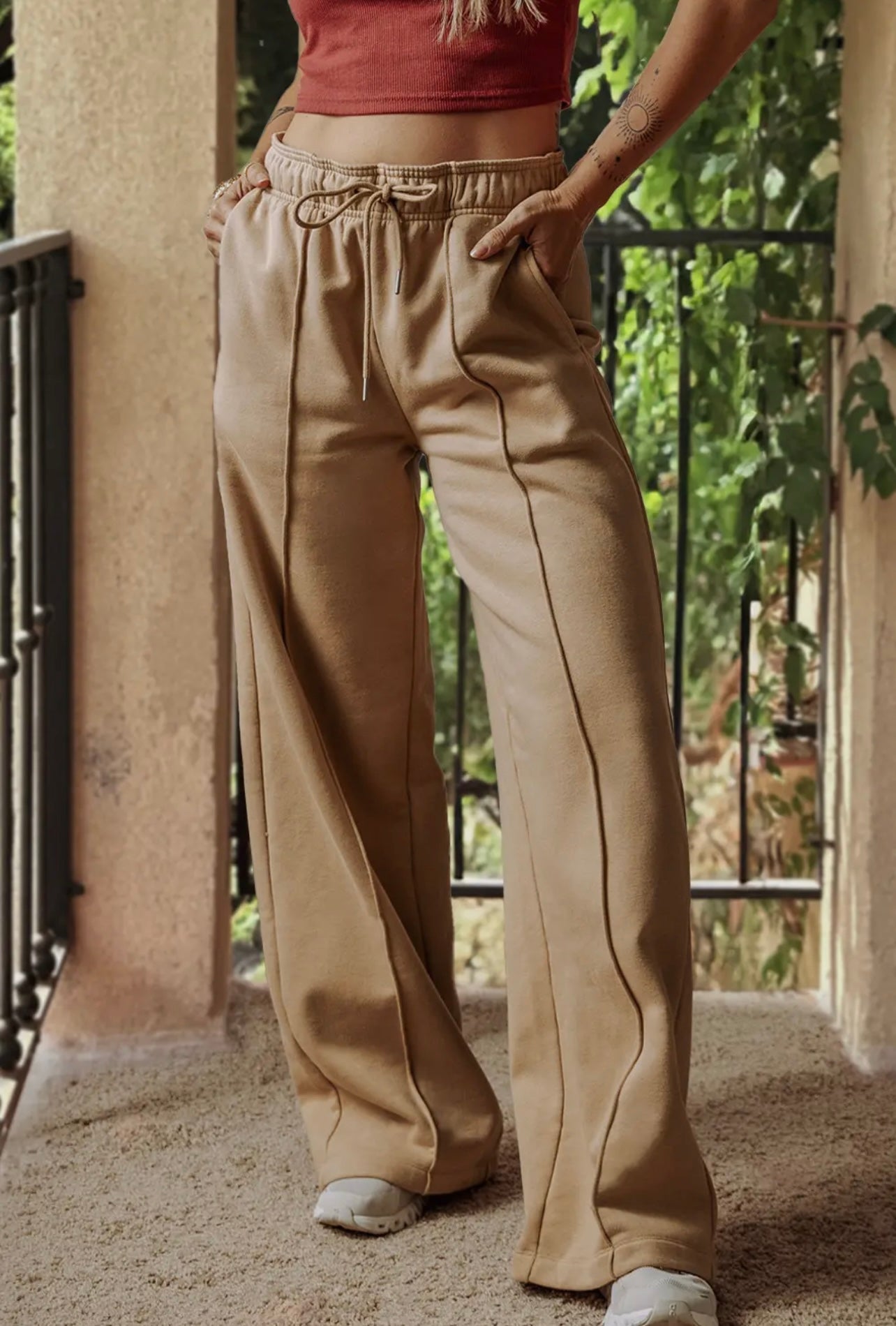 Exposed Seam Drawstring High Waist Wide Leg Pants